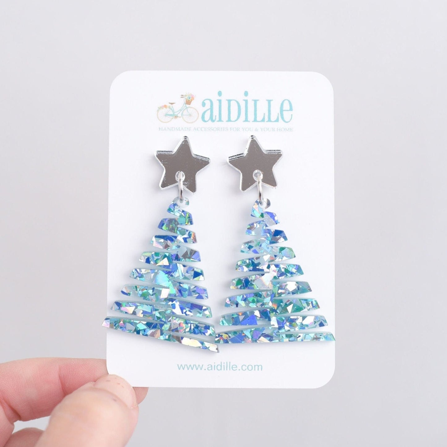 Ice Blue Glitter Christmas Tree Earring Dangles with Titanium Posts