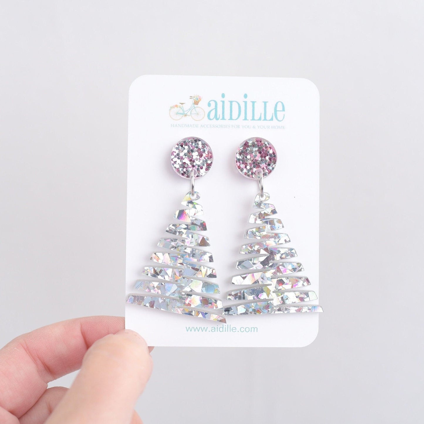 Silver Glitter Christmas Tree Dangles with Titanium Posts