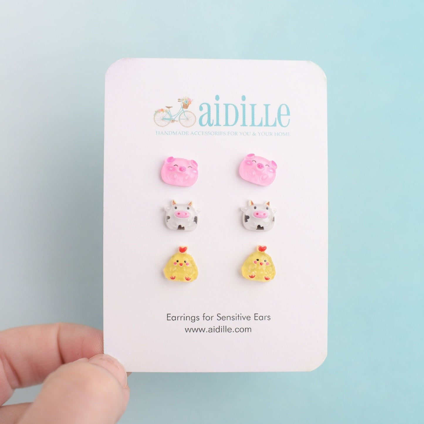 Little Barnyard Animal Earring Trio with Titanium Posts- Pig, Cow, and Chicken