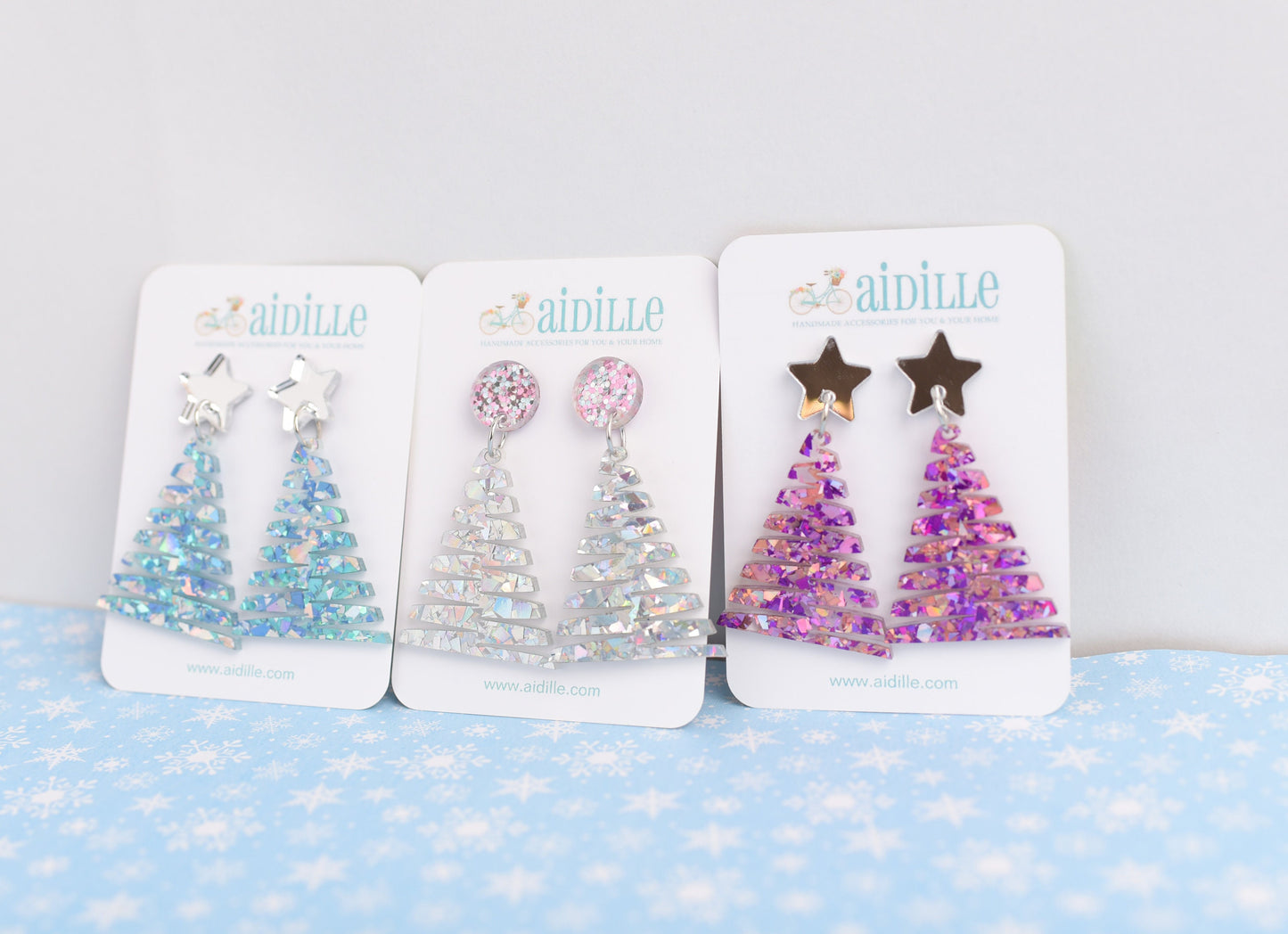 Silver Glitter Christmas Tree Dangles with Titanium Posts