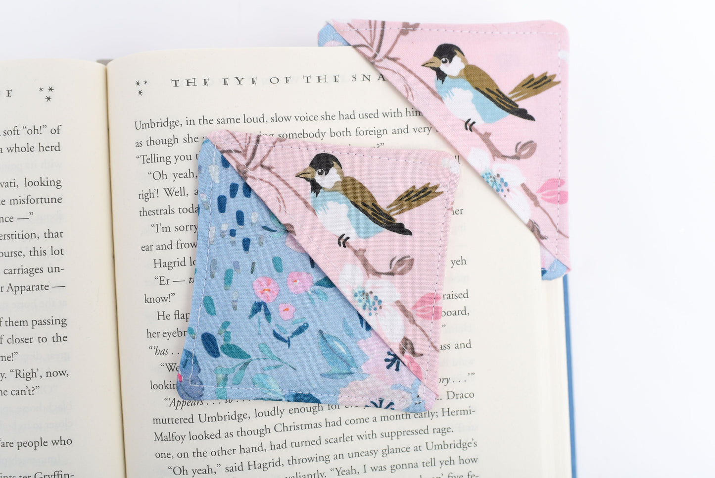 Blue Bird & Cherry Blossom Handmade Fabric Corner Bookmark