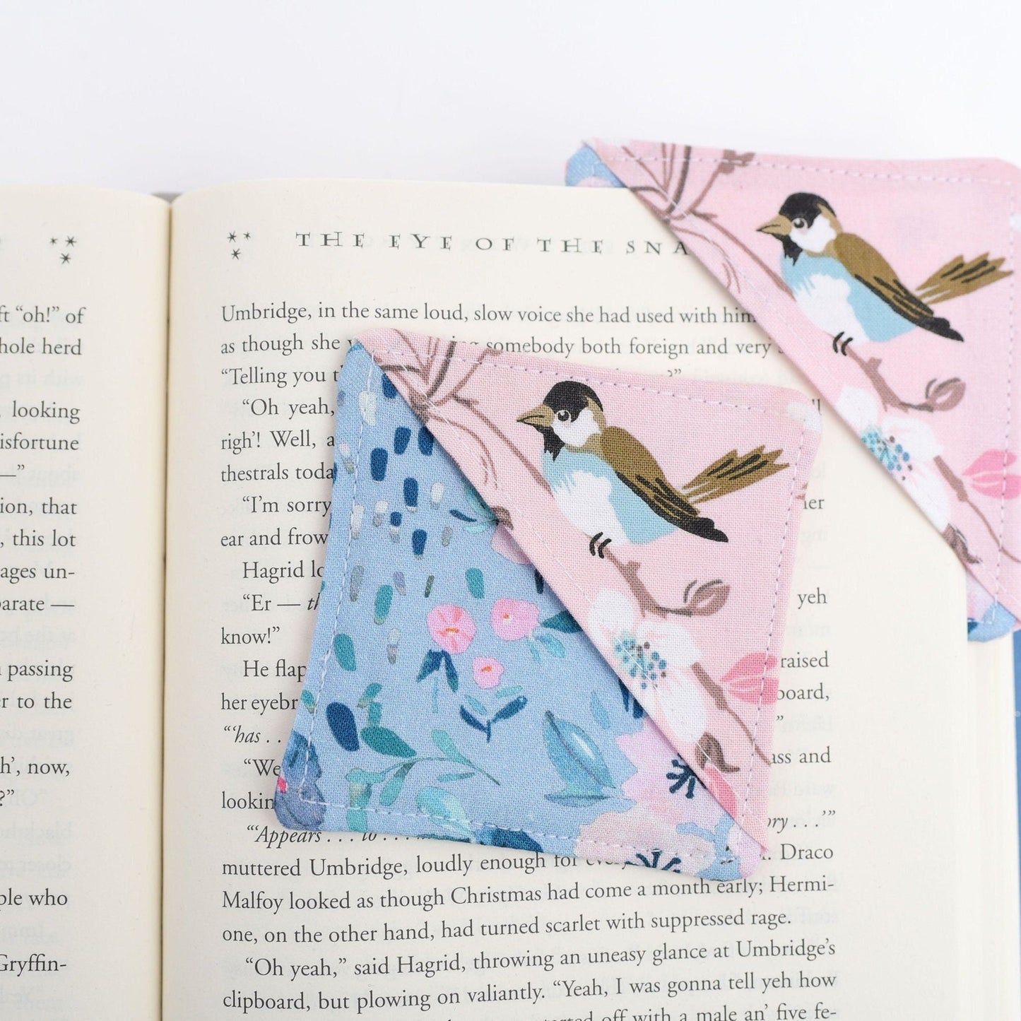 Blue Bird & Cherry Blossom Handmade Fabric Corner Bookmark