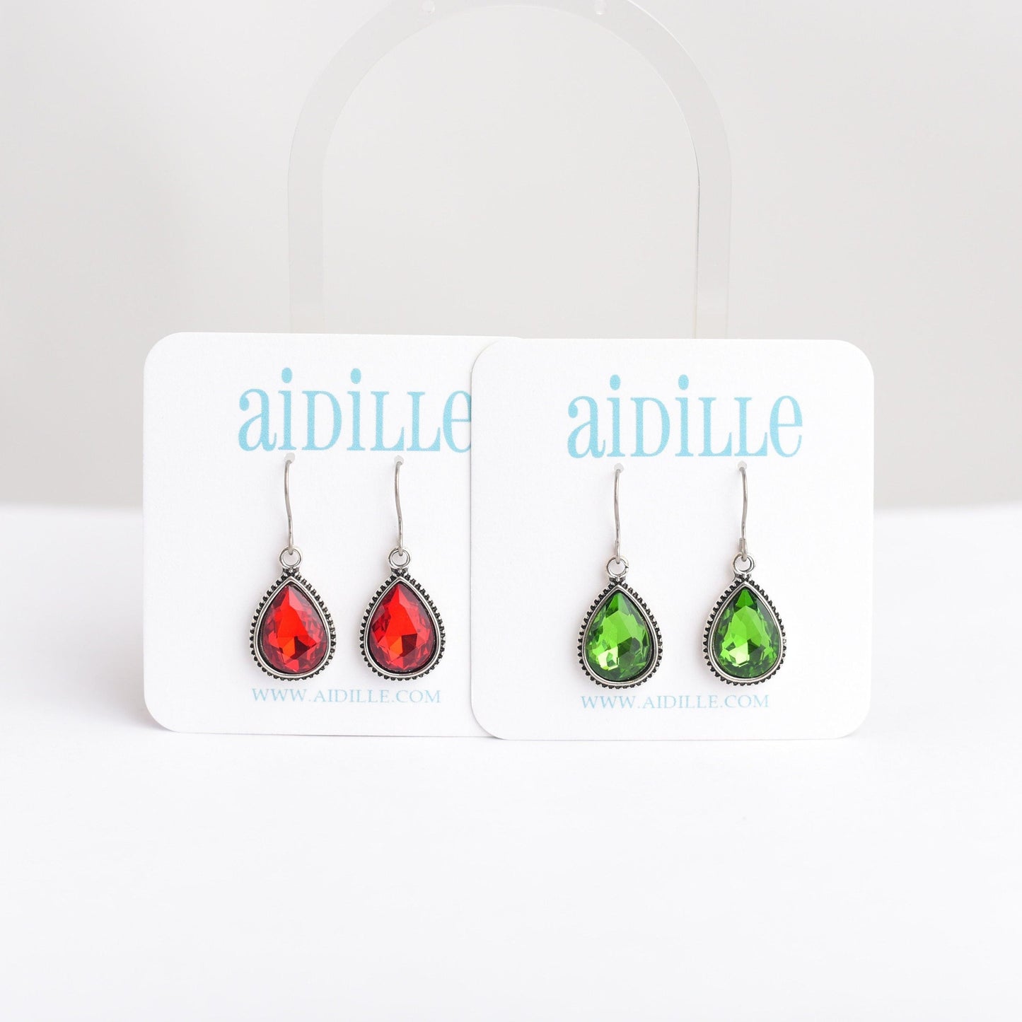 Christmas Gem Teardrop Earrings with Titanium Ear Wires- Red or Green