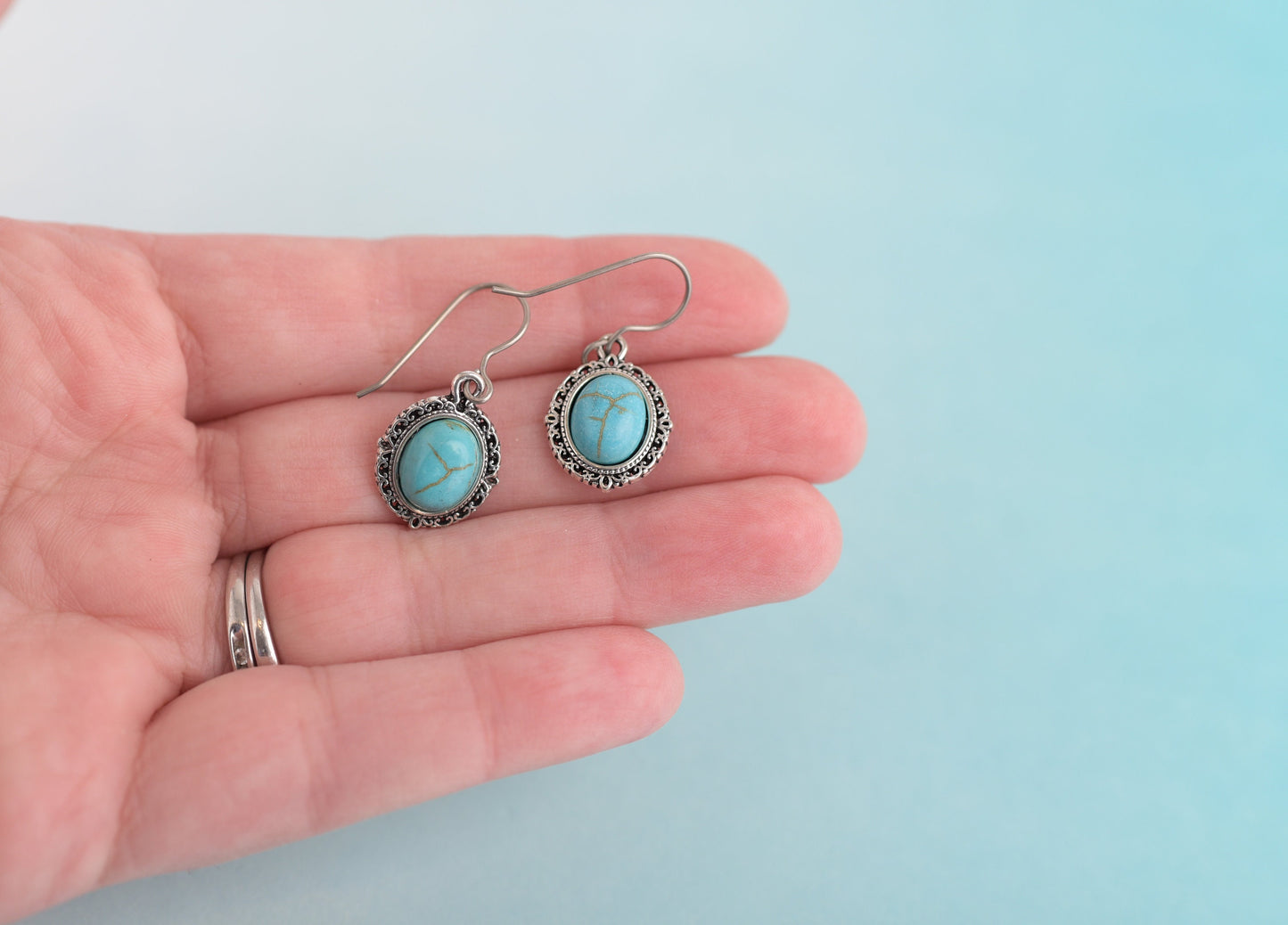 Silver Turquoise Dangle Earrings with Titanium Ear Wires- Choose Owl or Medallion