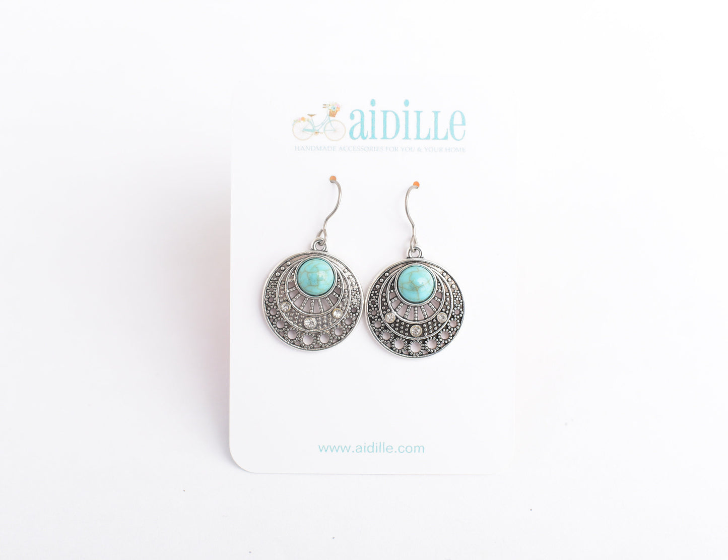 Silver Turquoise Medallion Dangle Earrings with Titanium Ear Wires