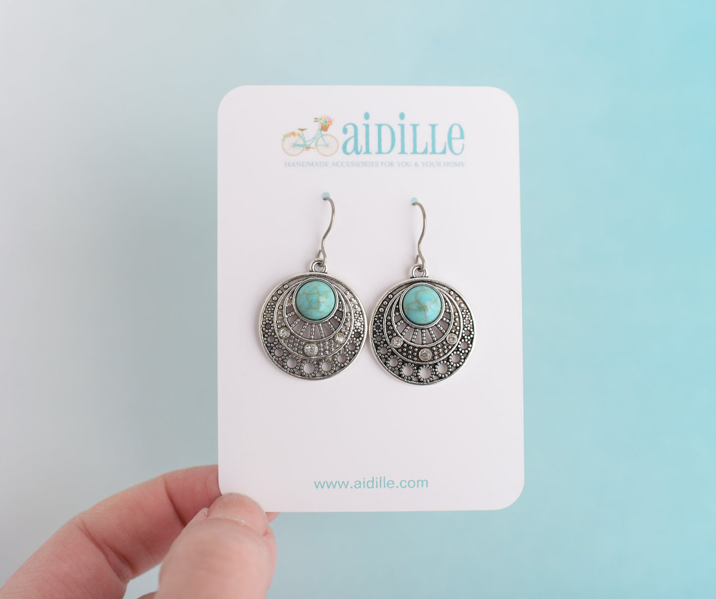 Silver Turquoise Medallion Dangle Earrings with Titanium Ear Wires
