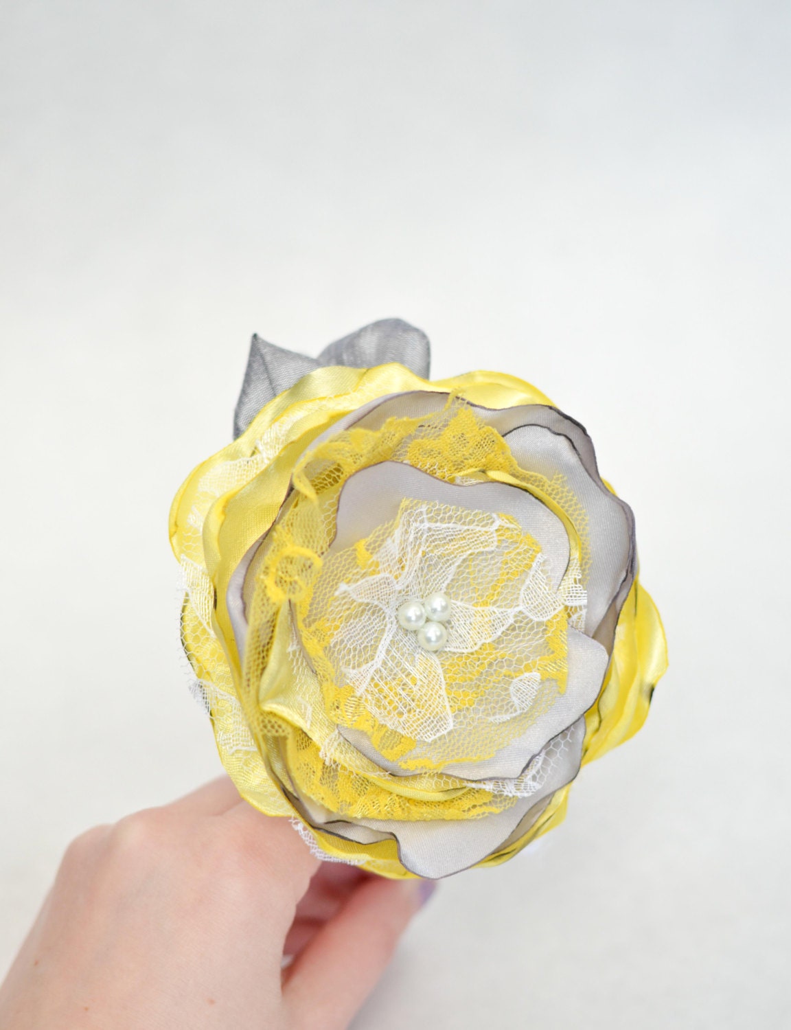 Gray and Yellow Satin Flower Headband